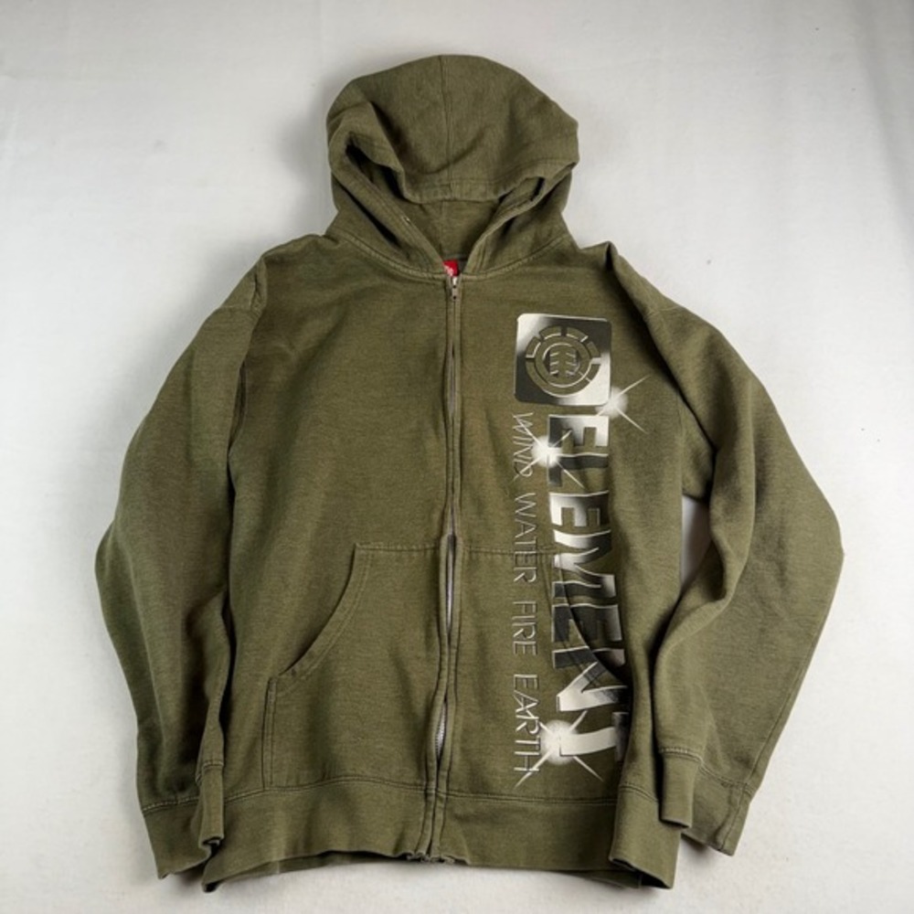 Element Mens Olive Green Full Zip Hoodie Graphic Wind Water Fire Earth Large